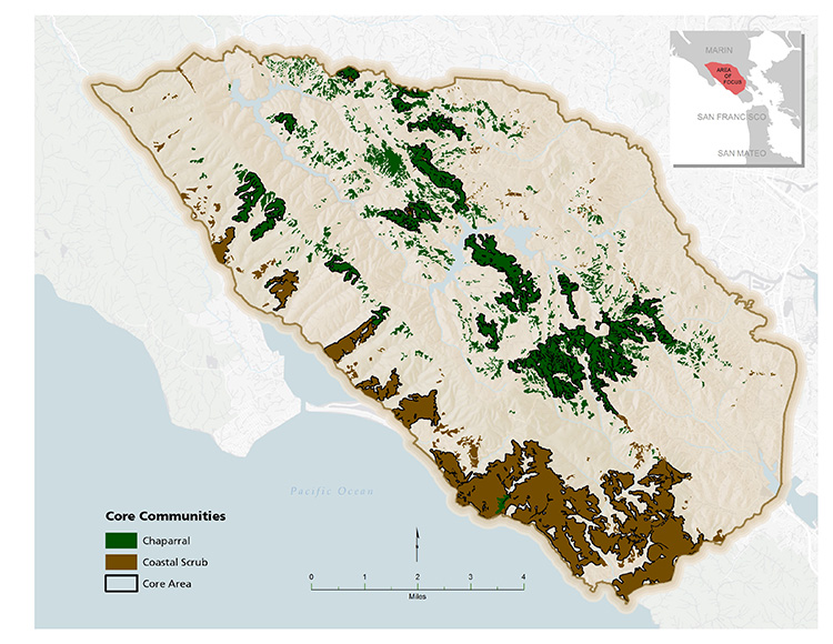 Map of core chaparral and coastal scrub locations in the One Tam area of focus 