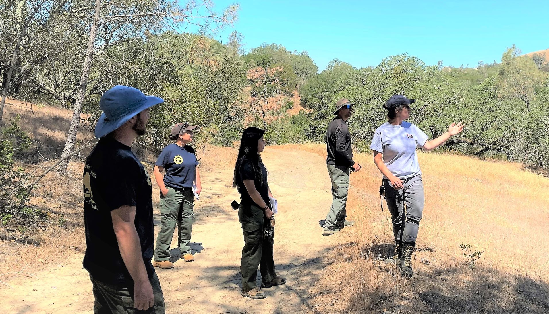 Five people standing on a trail, centered in the photo, look at a landscape off to the right.