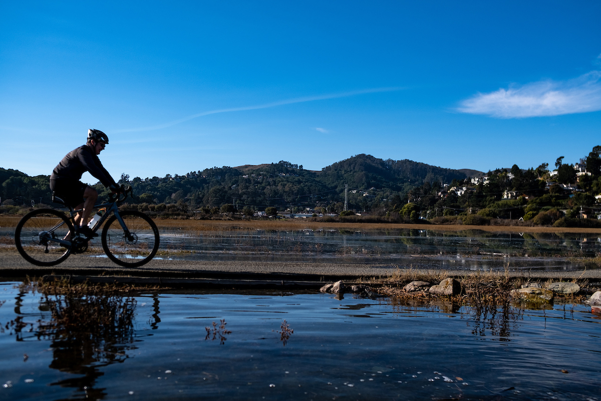 A cyclist travels the Bay Trail path against a background of blue sky and Mt. Tamalpais, which are reflected in the marsh water. 
