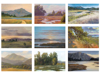 Nine paintings of wetlands arranged in a grid.