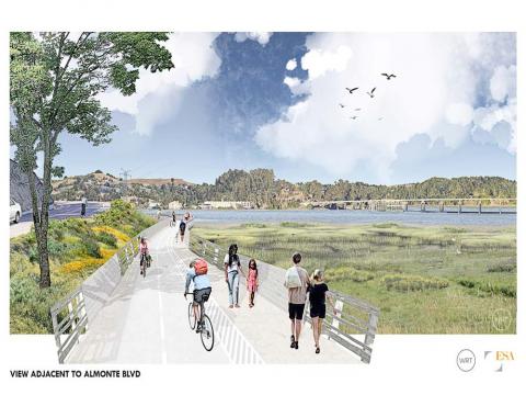 Artists rendering showing the view near Almonte from a re-aligned Bay Trail in the favored “Ring the Marsh” concept.
