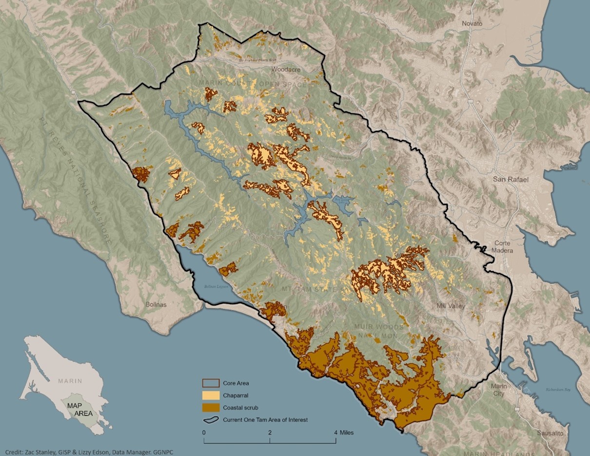 Map of core chaparral and coastal scrub locations in the One Tam area of focus 