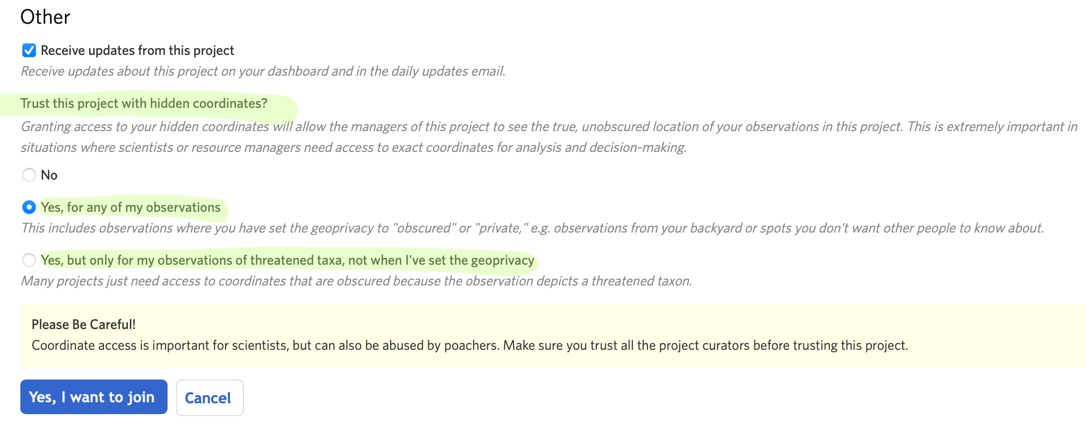 Screenshot of where to select "yes" to trust your coordinates with this project - the small blue circle on the left side about halfway down the image.