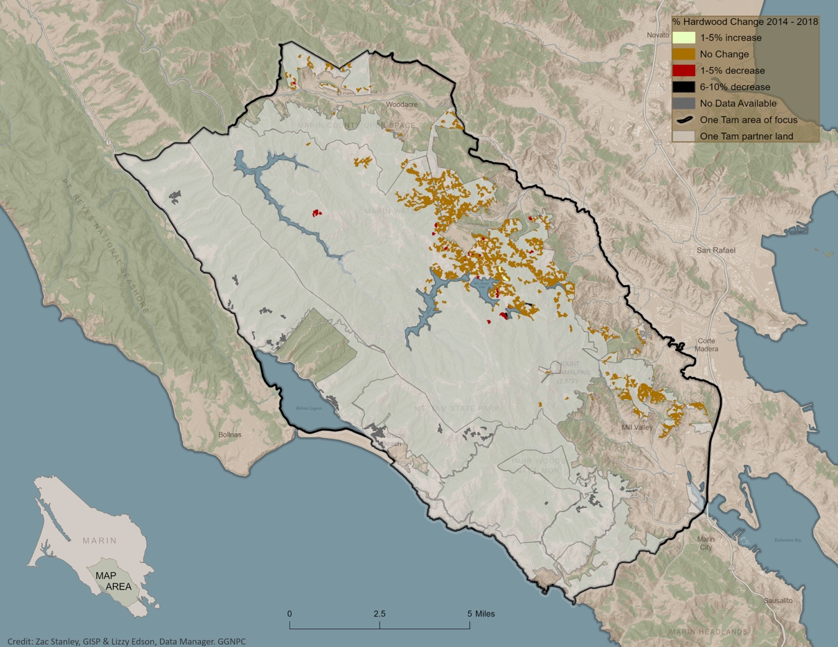 Change in Hardwood Cover in Oak Woodlands in the One Tam Area of Focus, 2014-2018