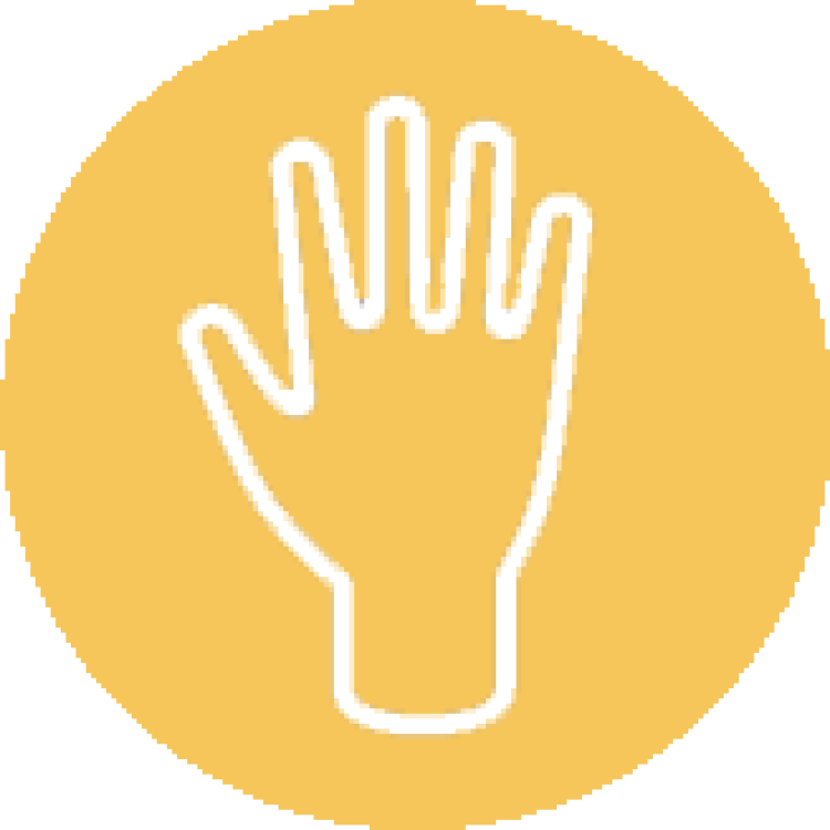 Yellow circle with a hand outlined in white in the center.